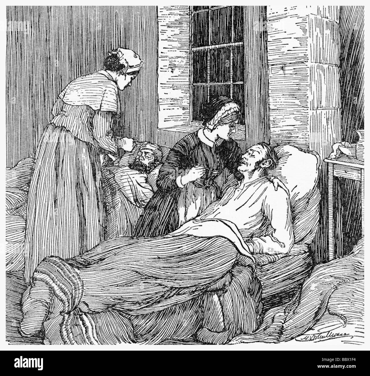 Florence Nightingale administers medicine to a severely wounded soldier during the Crimean War. Stock Photo