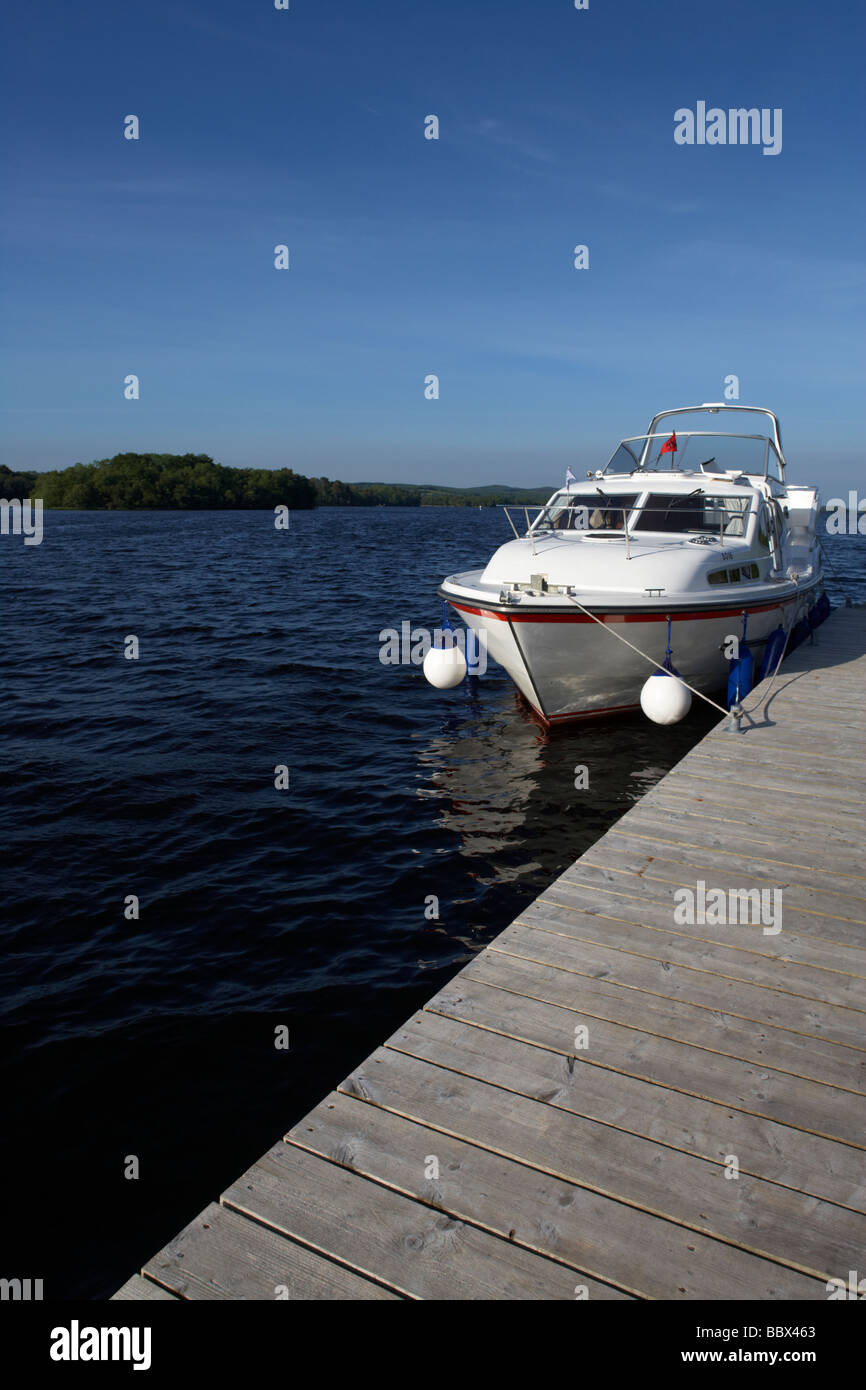 Cabin Cruiser Moored At Jetty On Lower Lough Erne County Fermanagh
