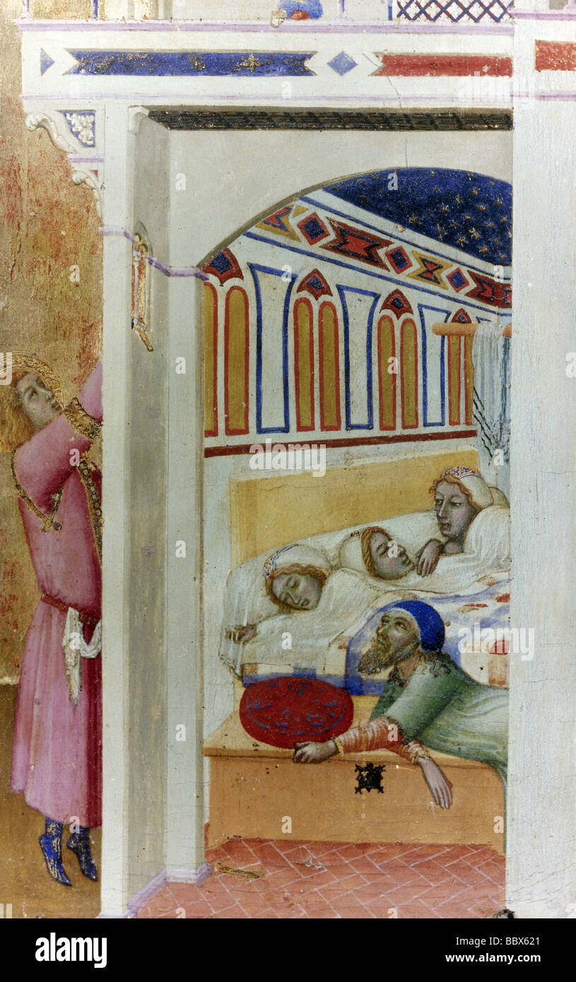 medicine, hospitals, hospital of Saint Nicholas at Bari, painting by Ambrogio Lorenzetti (1319 - 1347), detail, Louvre, middle ages, sick persons, San Nicola, Italy, fine arts, gothic, Italian painting, 14th century, historic, historical, medieval, people, Stock Photo