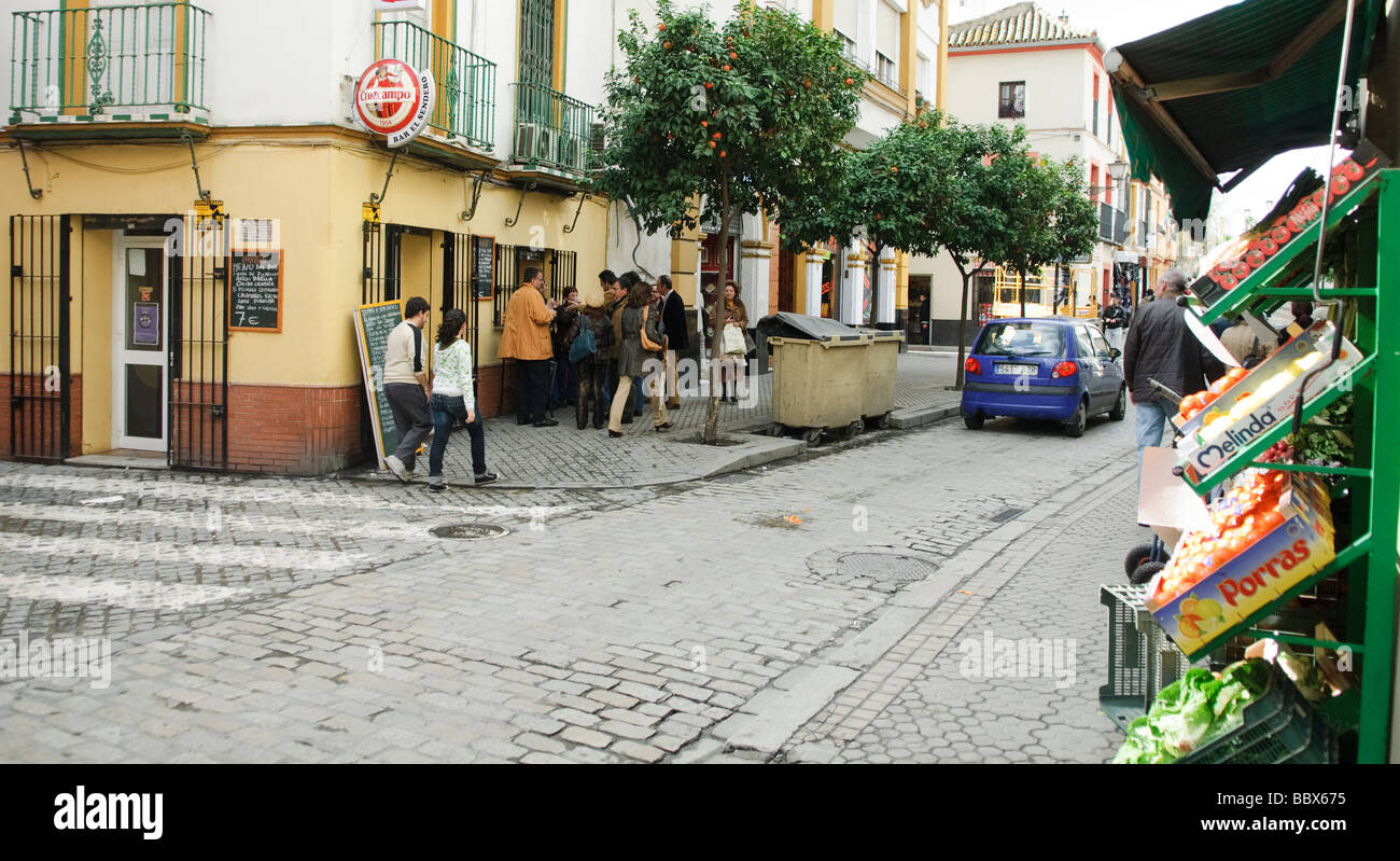 corner Tapas Bar and fruit shop in Sevilla Andalucia Spain Stock Photo