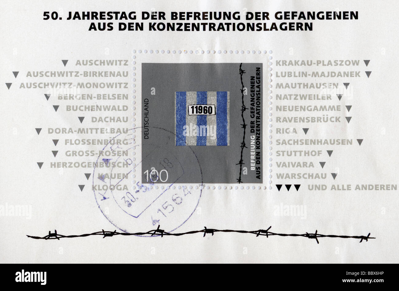 mail / post, postage stamps, Germany, Federal Republic, 100 Pfennig stamp, commemorative stamp, 50th anniverary of liberation of captives from the concentration camps, stamped 30.5.1985, Stock Photo