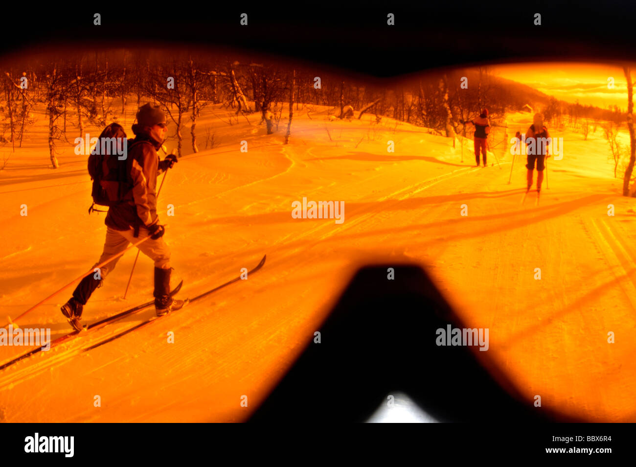 Skiers seen through skiing googles Sweden. Stock Photo