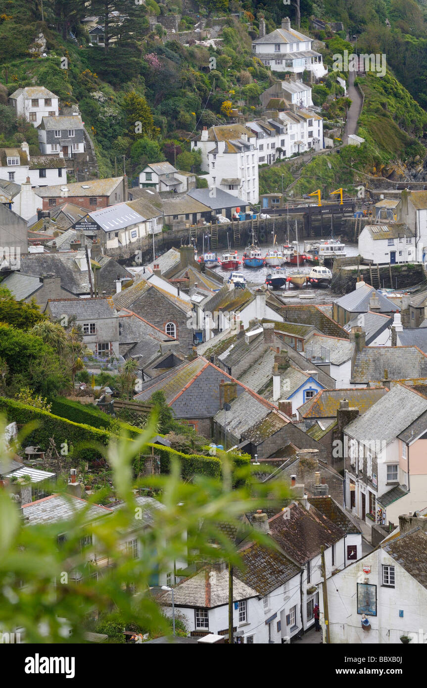 View over the rooftops and harbour of Polperro village, Cornwall, UK Stock Photo