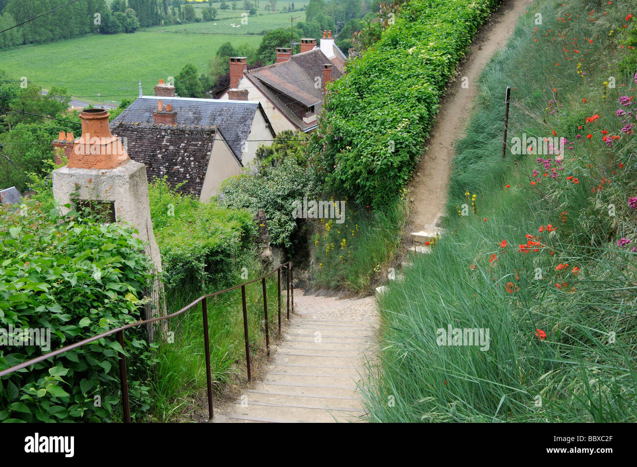 Steep paths in the village Trôo, Loir-et-Cher, Centre, France. Stock Photo