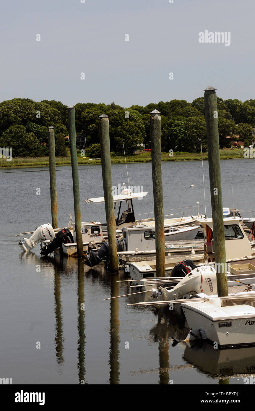 Quahog fishing boats at dock in Narragansett bay Rhode Island Stock Photo