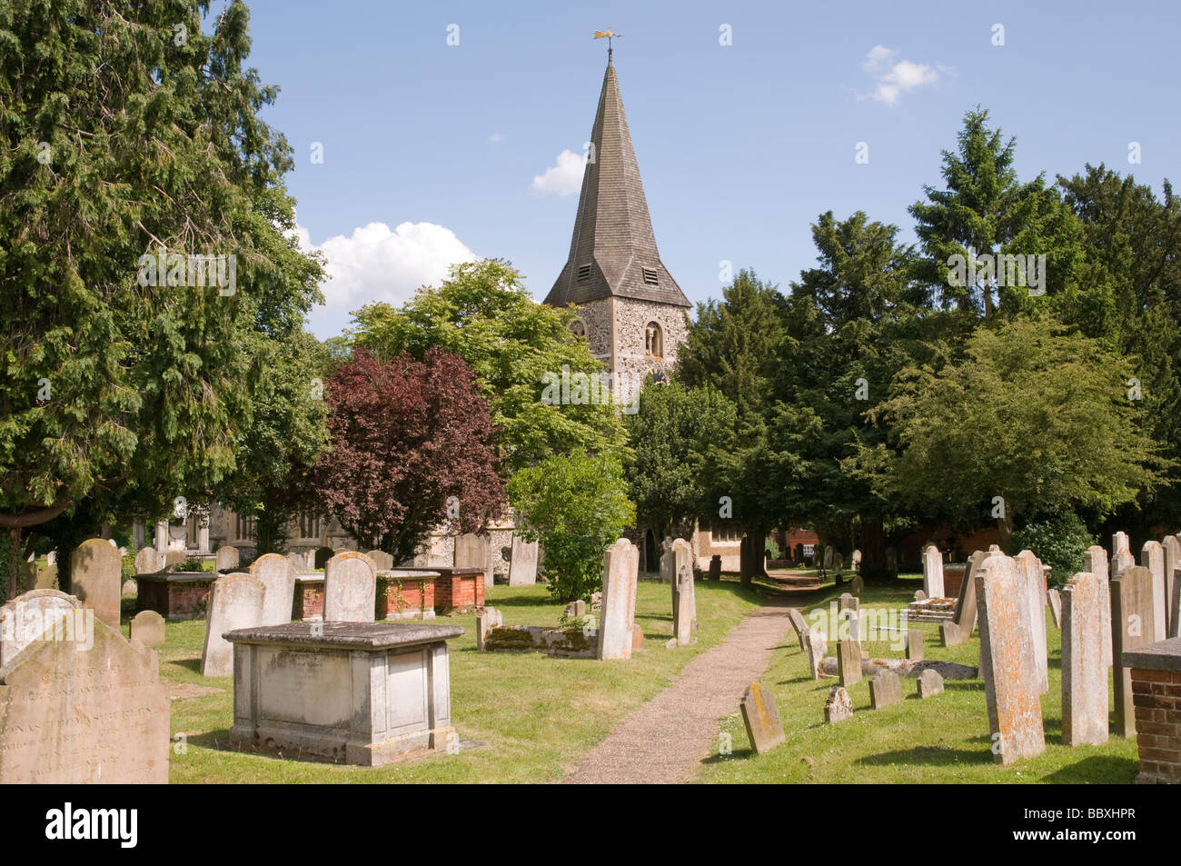 A view of the graveyard and St Andrew's Church in Cobham, Surrey