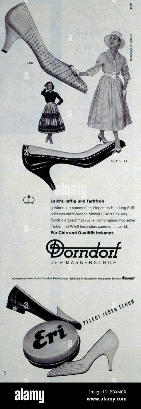 advertising, fashion, shoes, 'Dorndorf' ladies shoes and 'Eri' shoe cream, 'Film und Frau', 9.9.1957, , Stock Photo