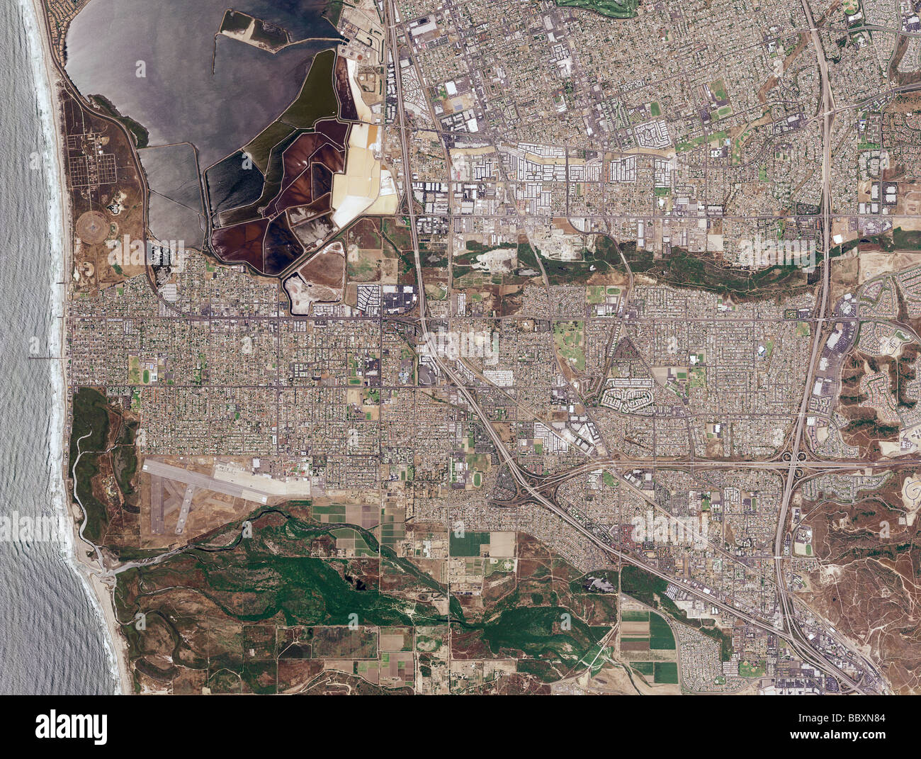 aerial map view above southern San Diego bay at US Mexico border Imperial Beach Olf Ream field airport Stock Photo
