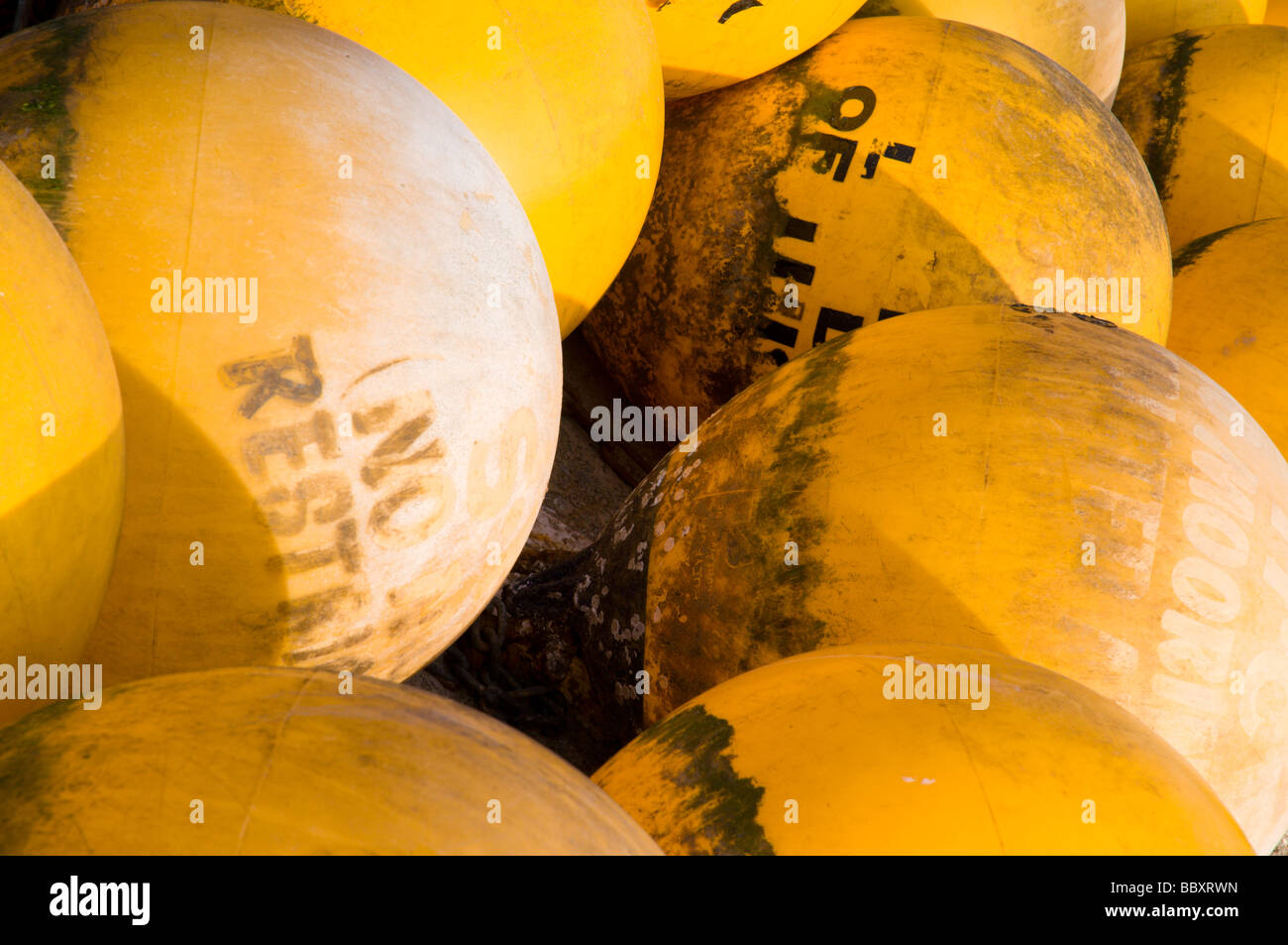 Big yellow buoys clustered together ready to be put out to sea Stock Photo