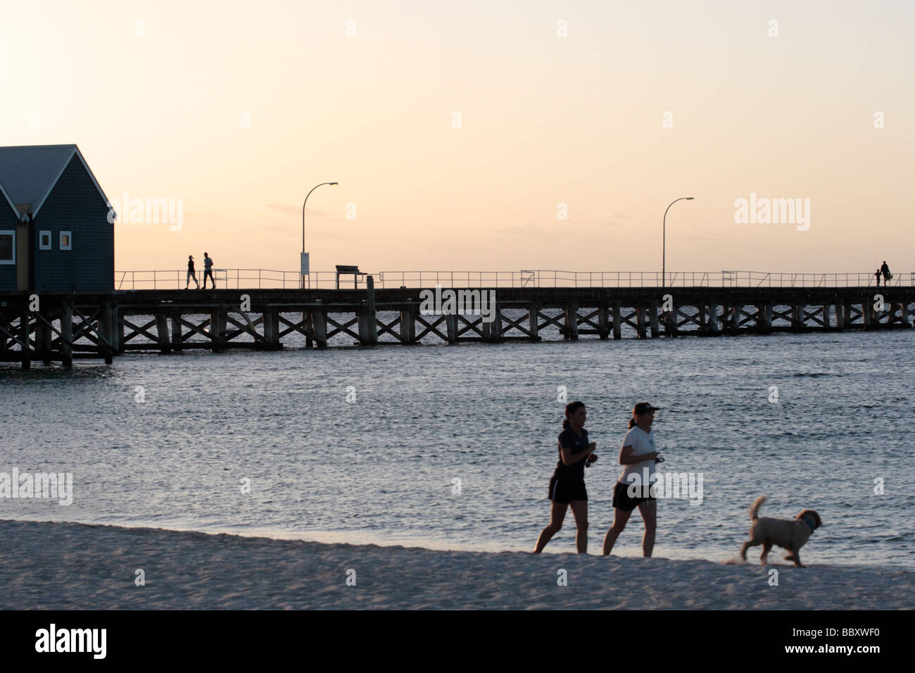 Two girls with a dog run on the beach in front of Busselton jetty at