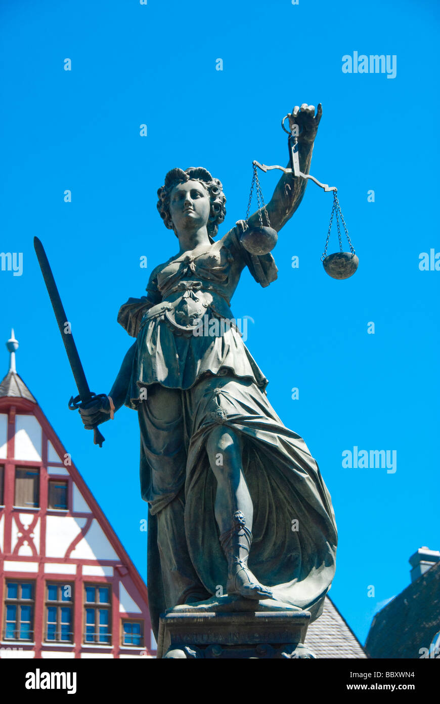 The Sculpture of the Justitia Bronze work in Frankfurt am Main Germany  Stock Photo - Alamy