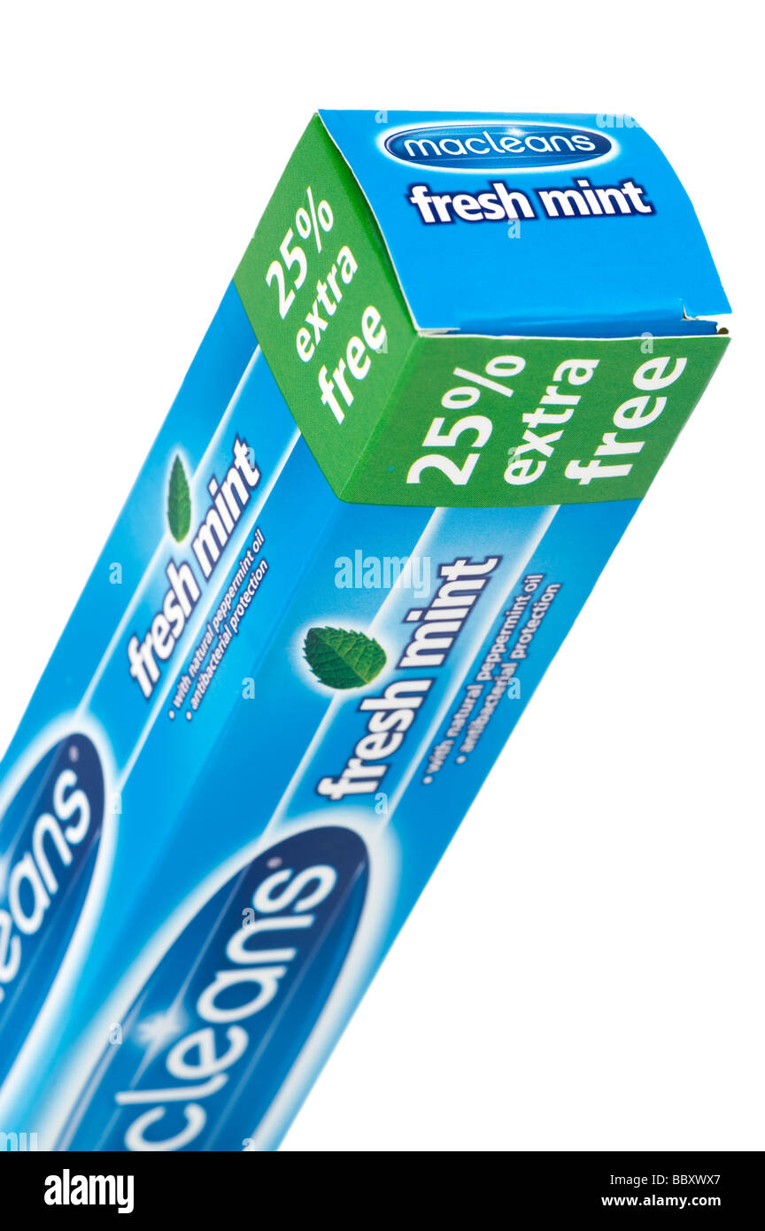 Upright Boxed tube of Macleans 'Fresh Mint' toothpaste with 25% extra free Stock Photo