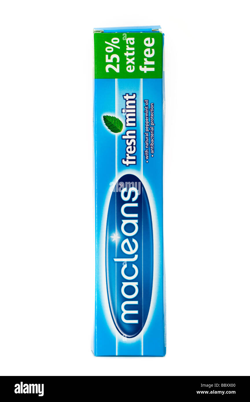 Upright Boxed tube of Macleans 'Fresh Mint' toothpaste with 25% extra free Stock Photo