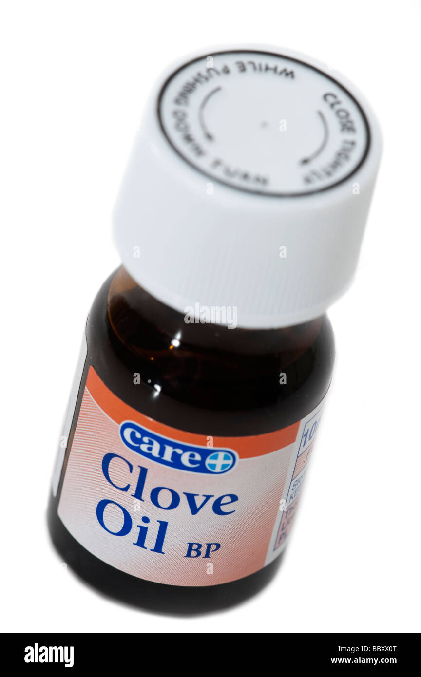 10ml glass bottle of Clove Oil 'Oil of Cloves' Stock Photo