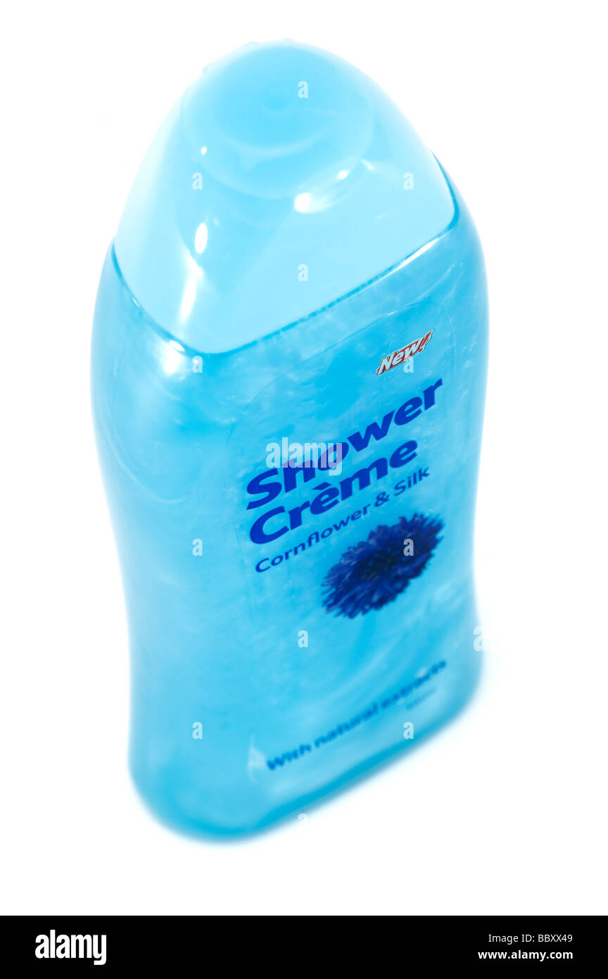Plastic bottle of blue 'Cornflower and Silk' 'Shower Creme' Stock Photo