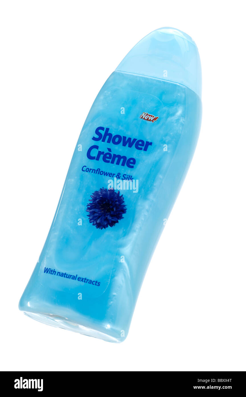 Plastic bottle of blue 'Cornflower and Silk ' 'Shower Creme' Stock Photo