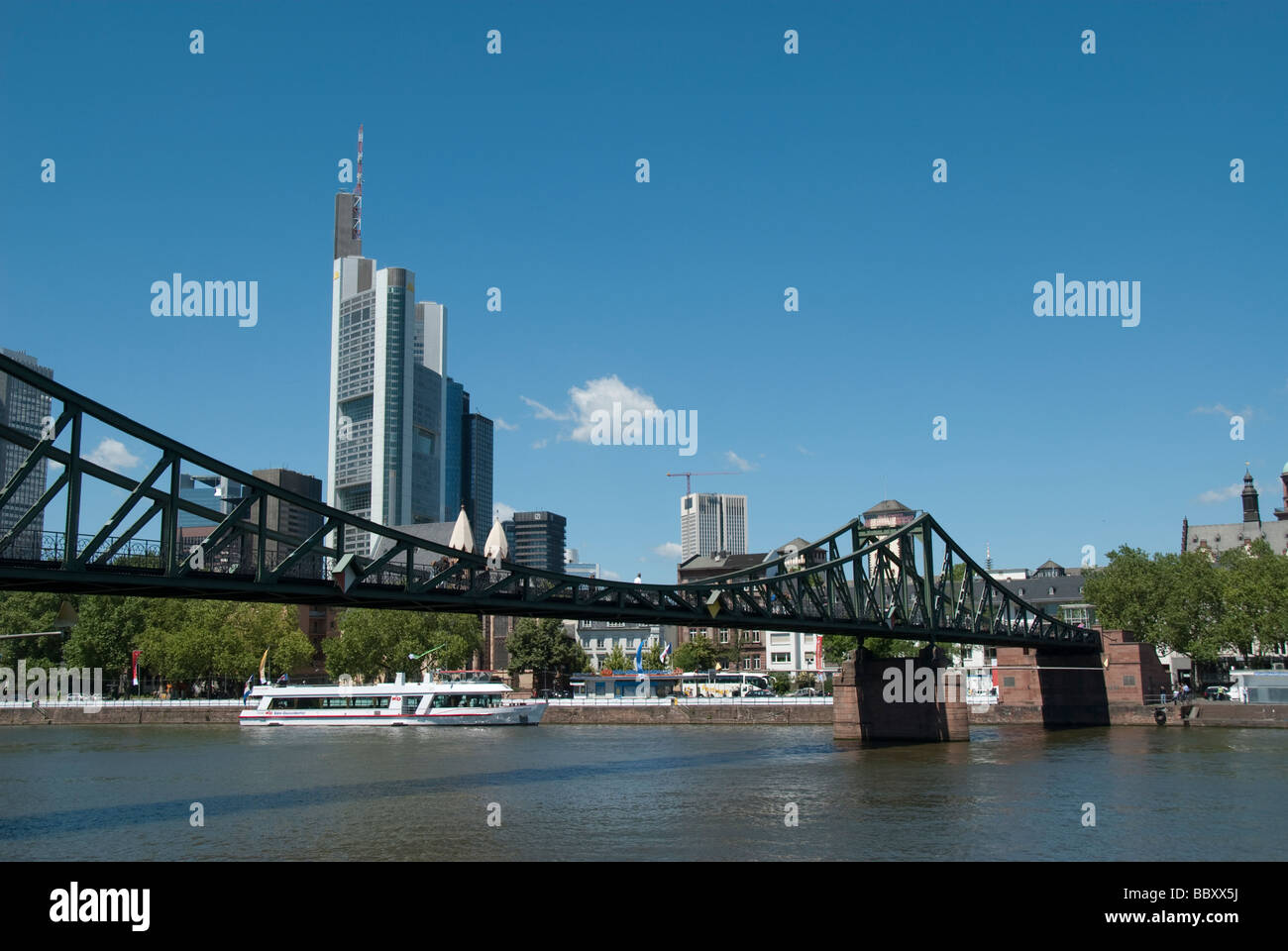 Skyline of Frankfurt Eiserner Steg Bridge Stock Photo