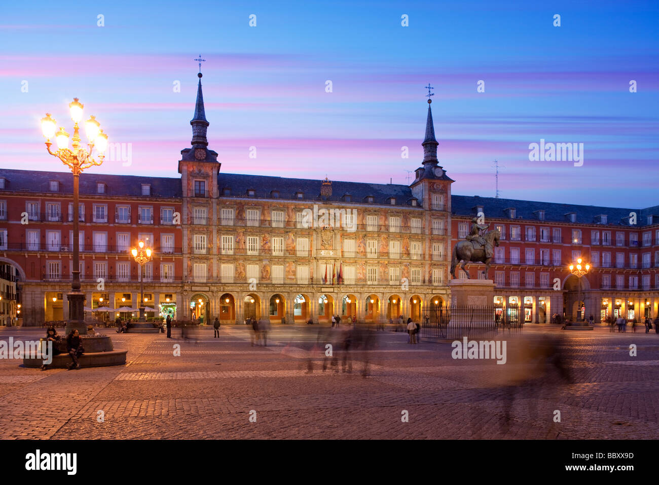 Plaza Mayor Illuminated with pavement cafes, Madrid, Spain Stock Photo