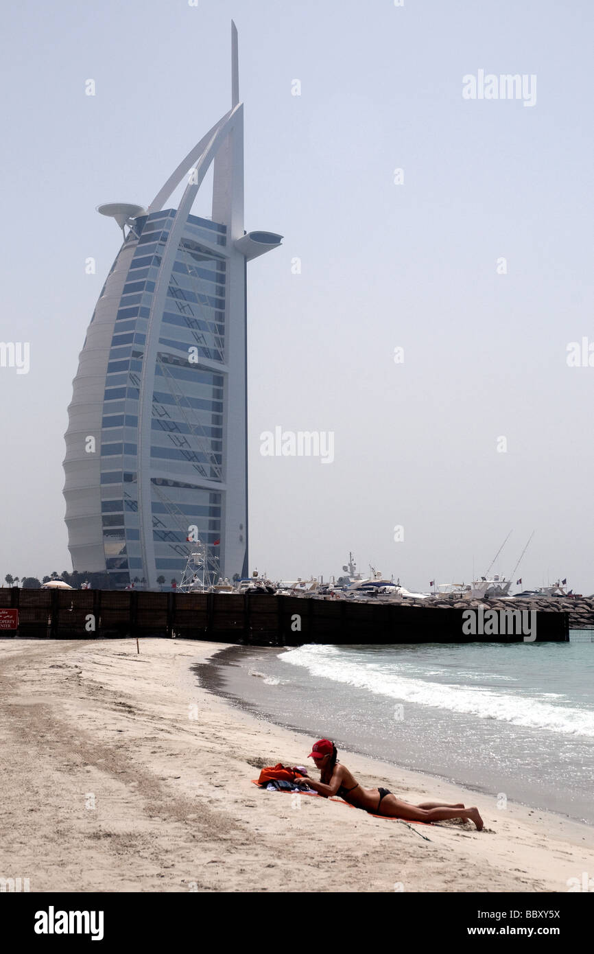 Al Burj Arab, Dubai's most luxurious hotel designed in the shape of a dhow's sail, is icon, logo and most distinctive outline Stock Photo