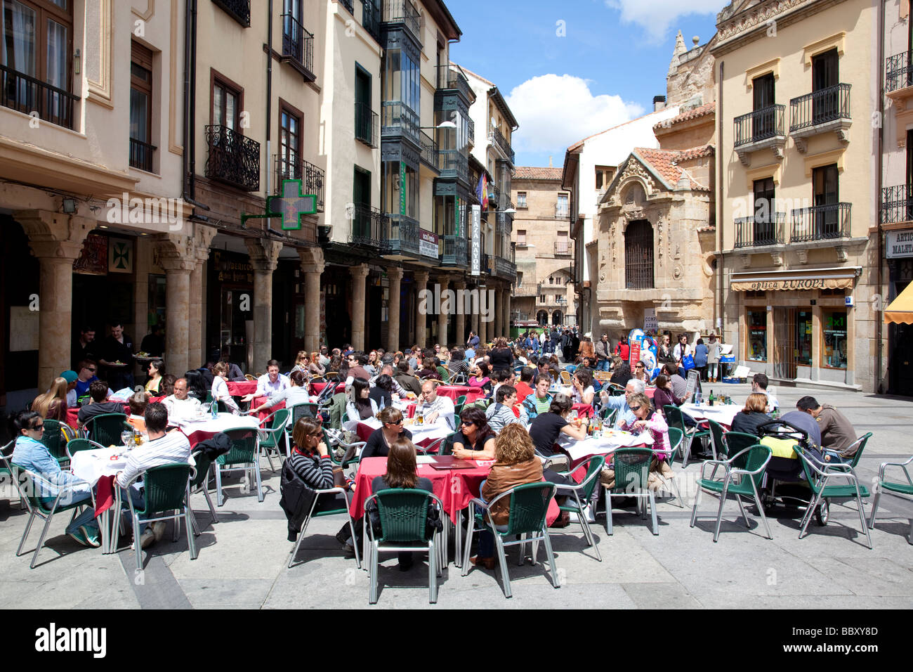 Plaza Mayor viewed over pavement cafes, Salamanca, Spain Stock Photo