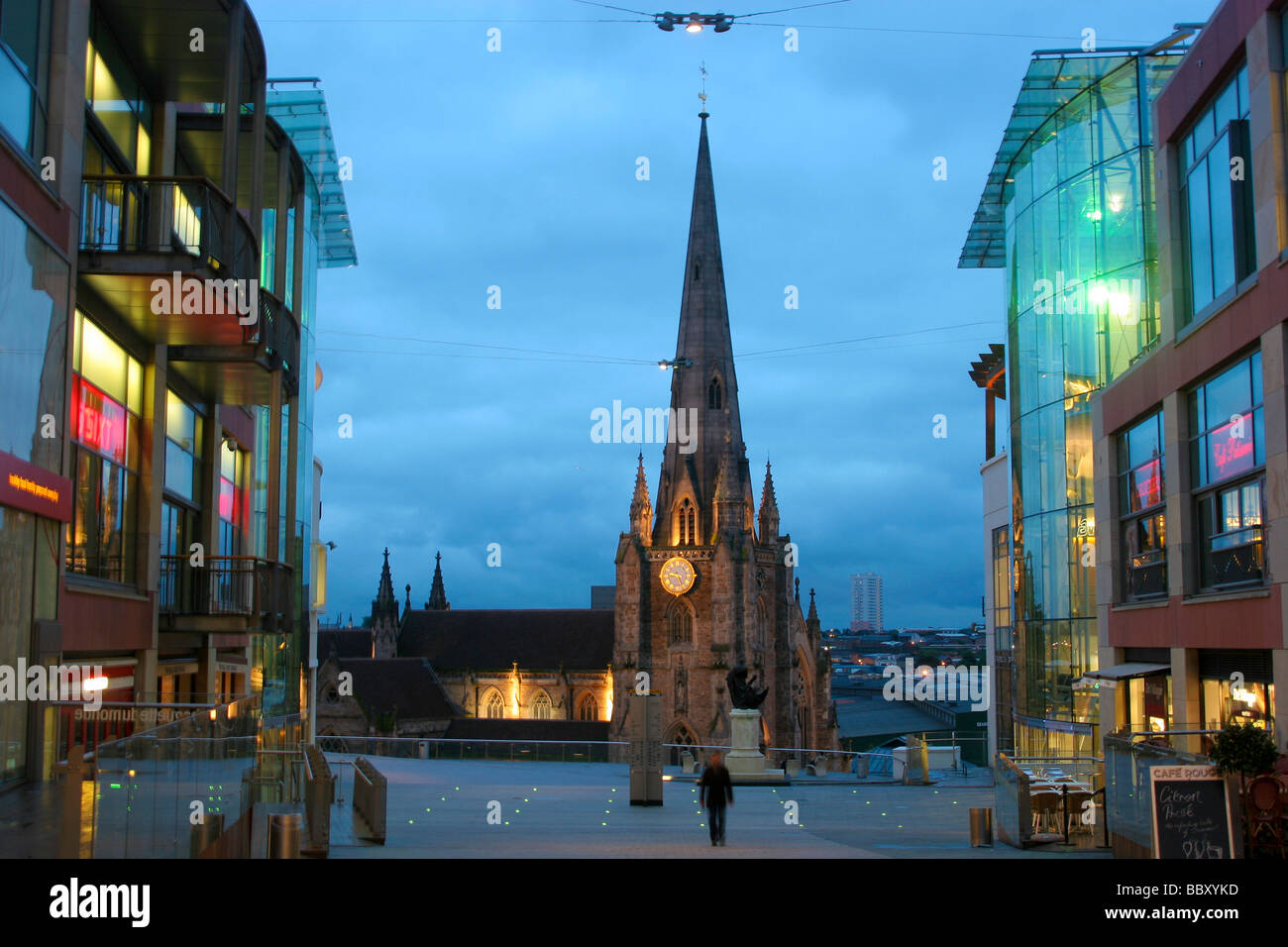 The Bullring Shopping Centre and St Martins Church in Birmigham City Centre  at night. Stock Photo