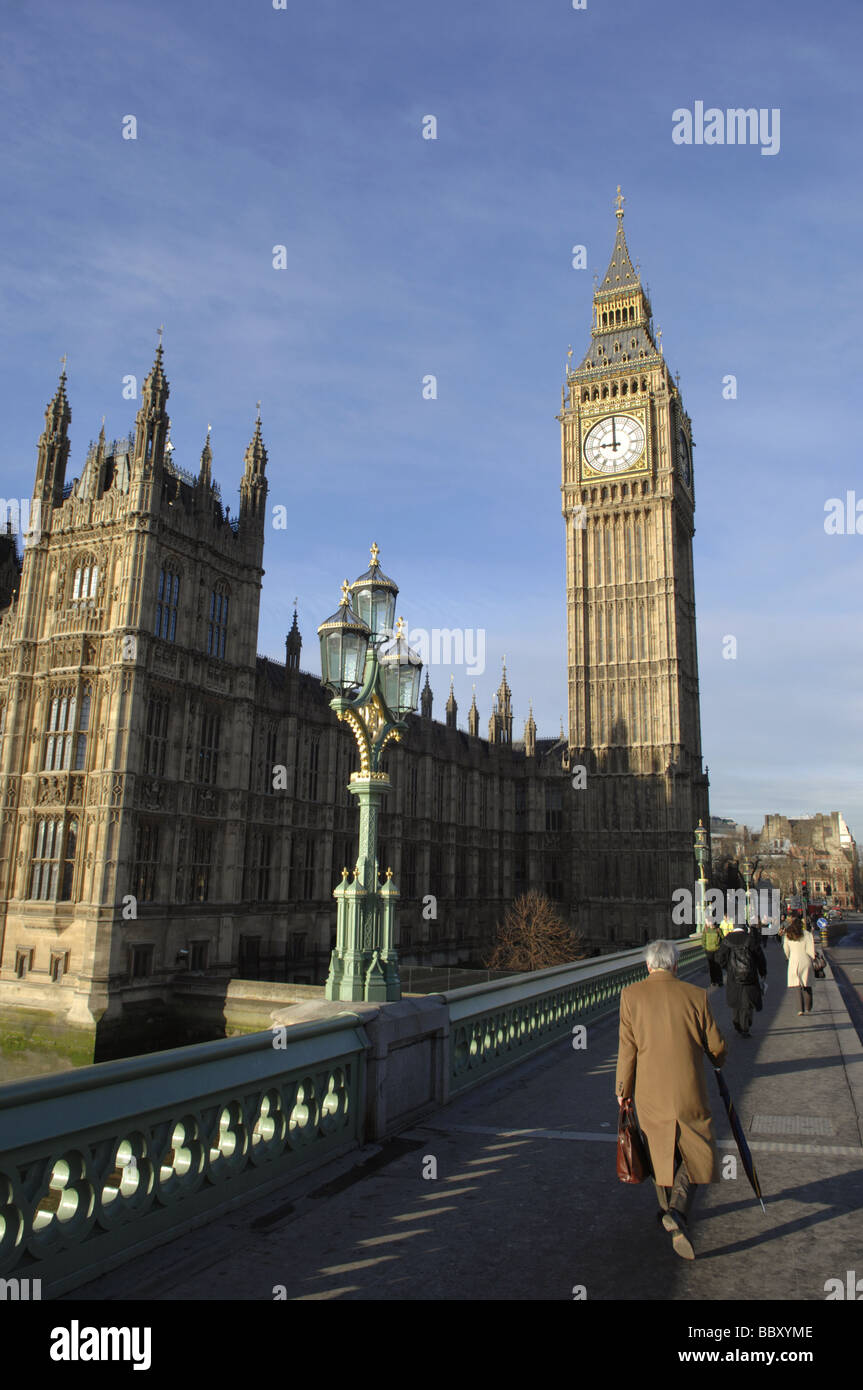 Houses of Parliament and Big Ben seen from Westminster Bridge in morning sunshine, spring 2009. Stock Photo