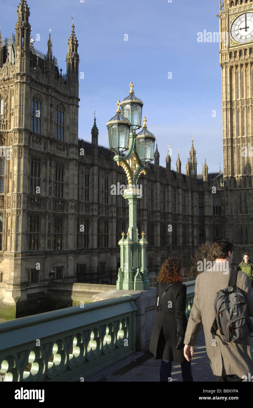 Houses of Parliament and Big Ben seen from Westminster Bridge in morning sunshine, spring 2009. Stock Photo