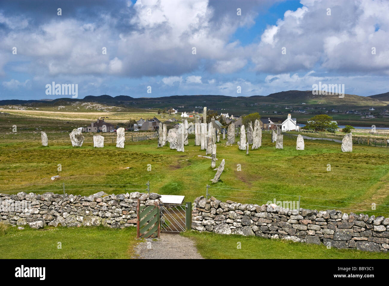 Entrance gate and Callanish Standing Stones on the Isle of Lewis in the Outer Hebrides of Scotland Stock Photo