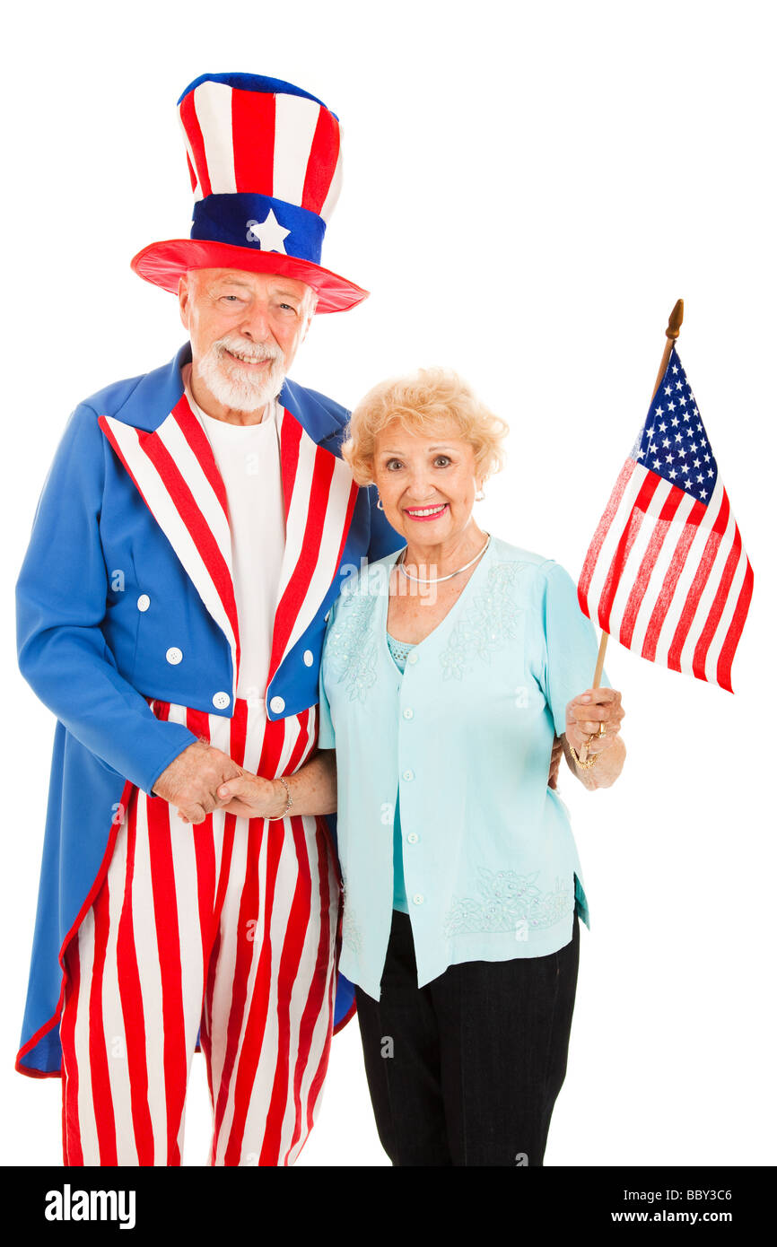 Pretty senior woman meets American icon Uncle Sam Isolated Stock Photo ...