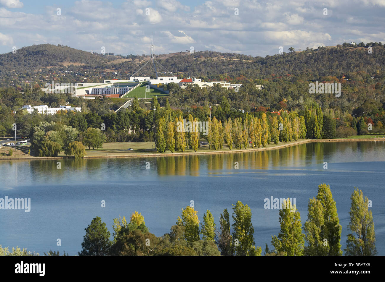 Parliament House Capital Hill and Autumn Colour Lake Burley Griffin Canberra ACT Australia Stock Photo