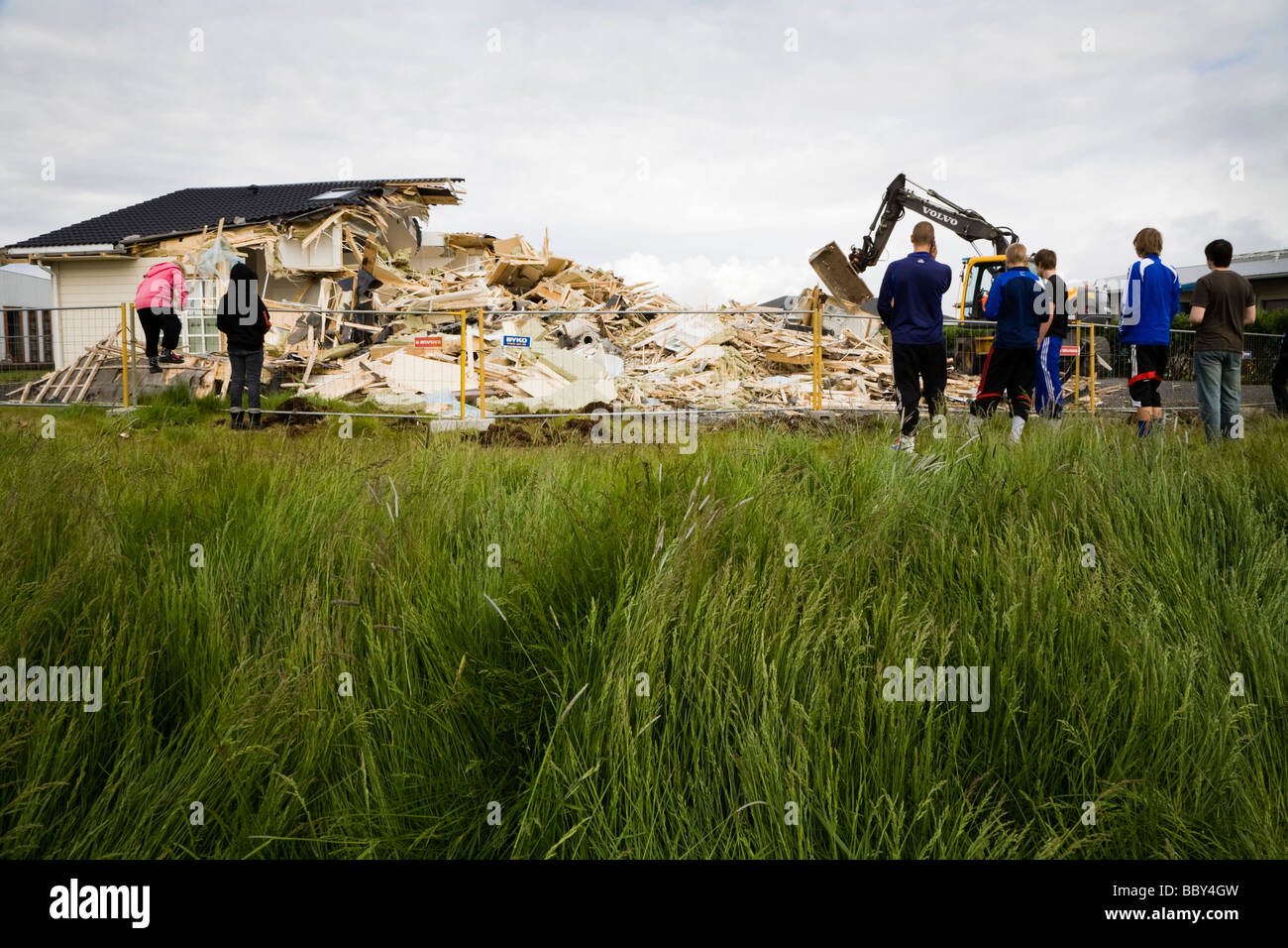 Home owner tears his house down, Iceland Alftanes Wednesday June 17. The financial crisis in Iceland is taking its toll. Stock Photo