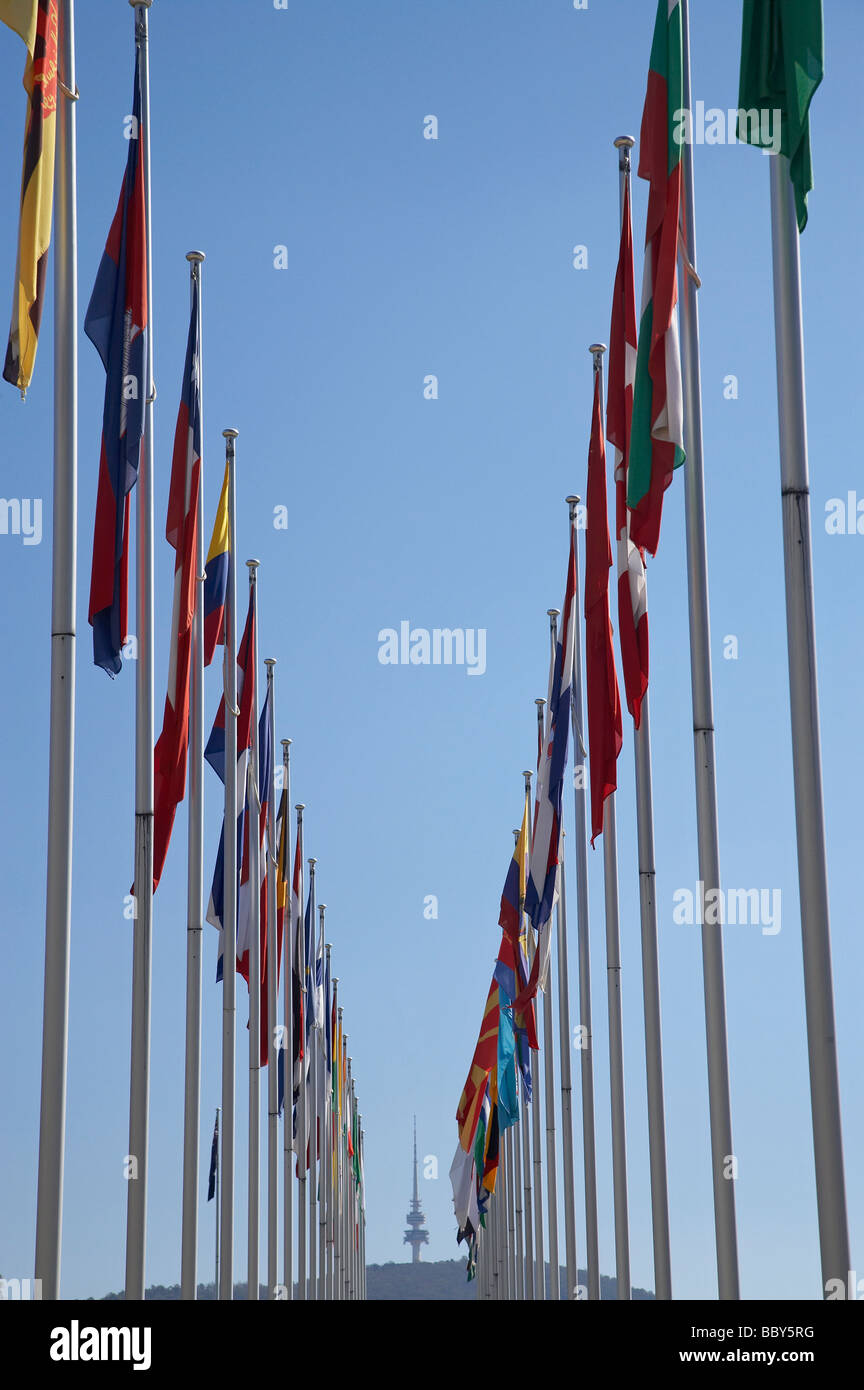 Telstra Tower Black Mountain seen between rows of International Flags