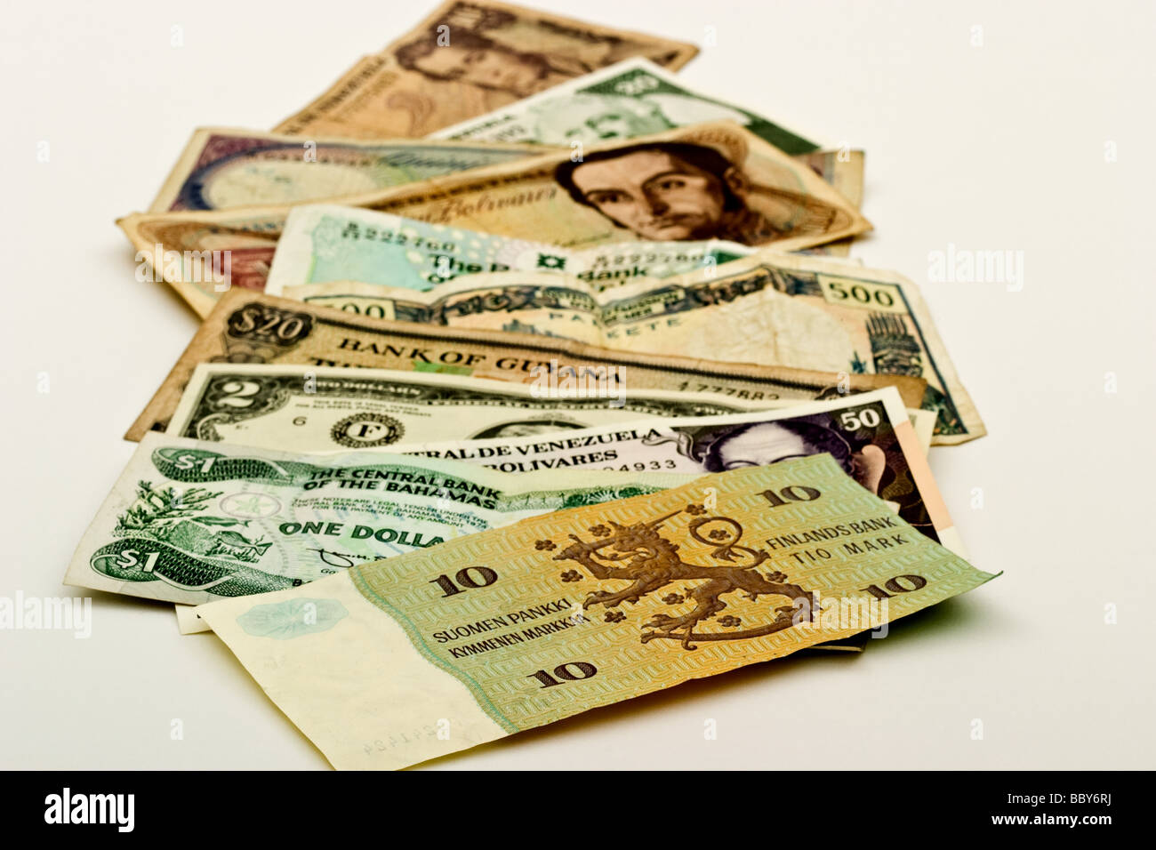 Money currencies from a variety of countries around the world. Stock Photo