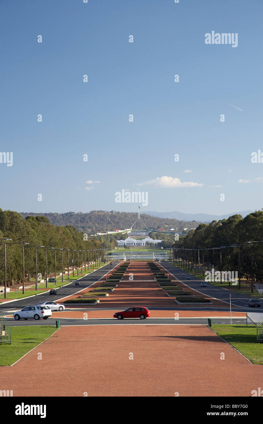 ANZAC Parade looking towards Old and New Parliament Houses from Australian War Memorial Canberra ACT Australia Stock Photo