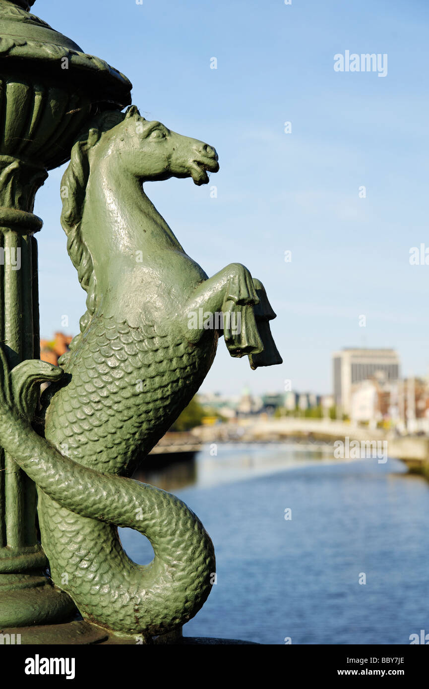 Detail of a sea horse on Grattan bridge spanning the river Liffey in Dublin Republic of Ireland Stock Photo