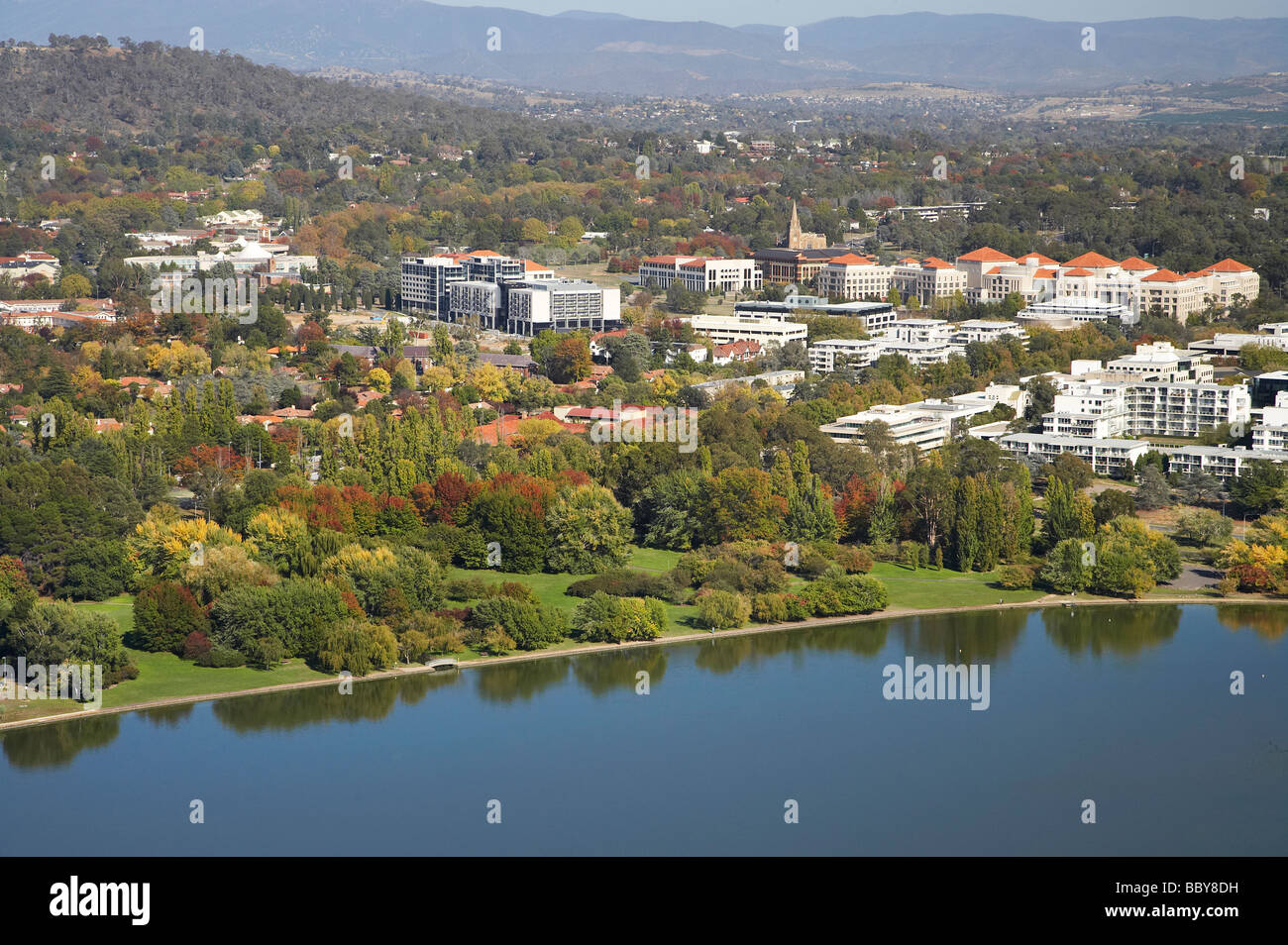 Bowen Park and Autumn Colours Bowen and Lake Burley Griffin Canberra ACT Australia aerial Stock Photo