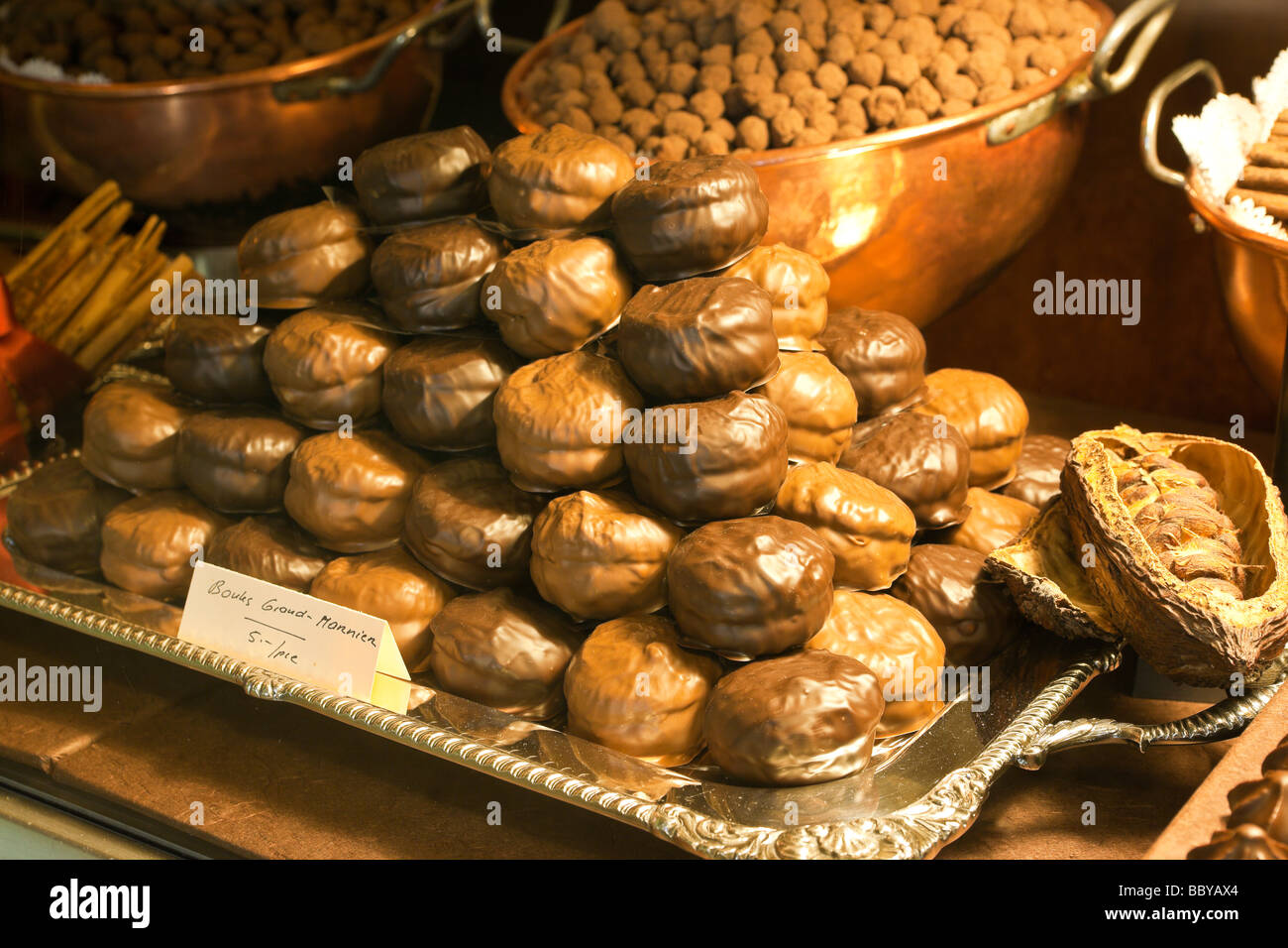 Trays of specialty chocolates in the window of Walder Chocolates Neuchatel Switzerland Stock Photo
