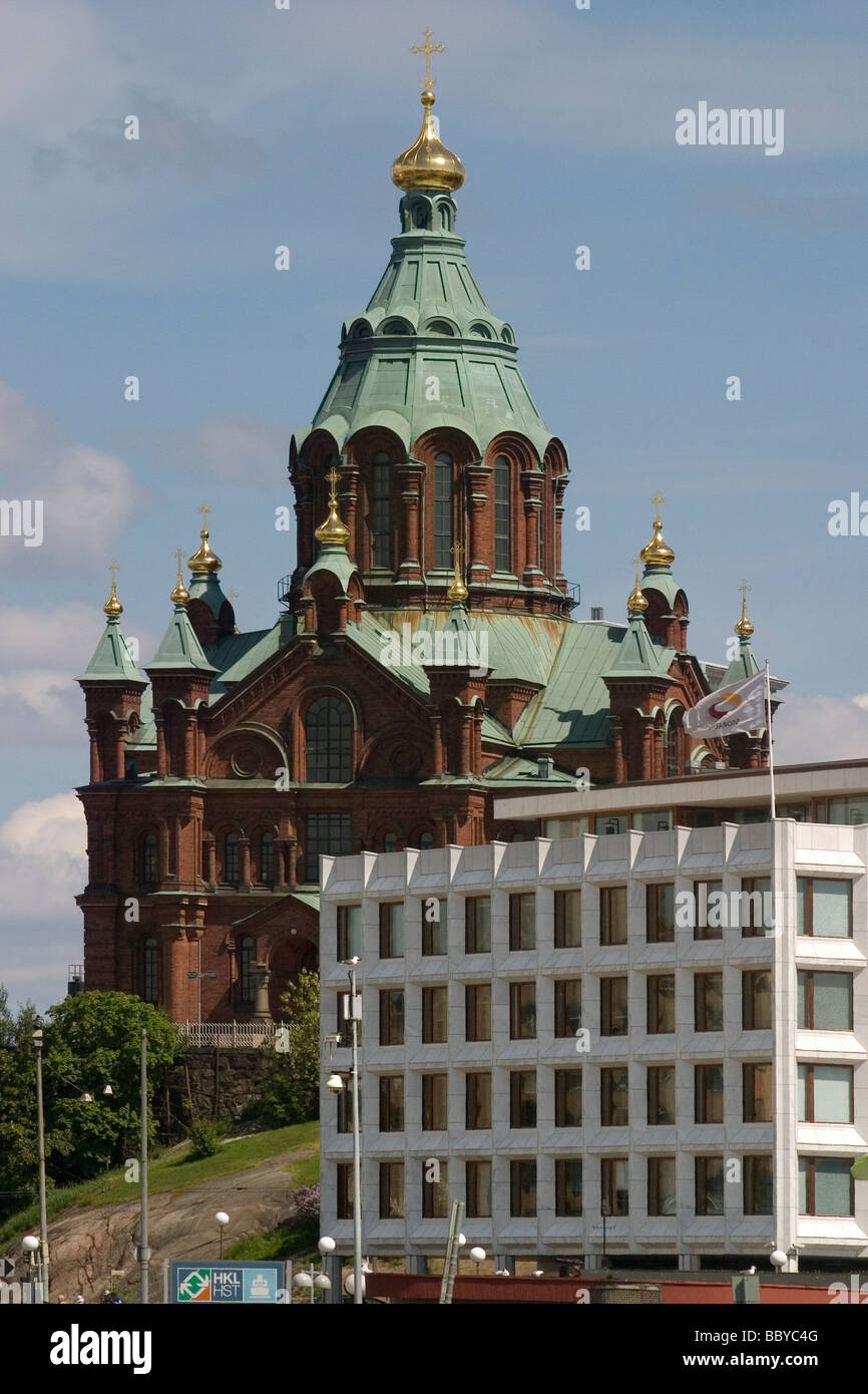 Finland Helsinki Uspensky cathedral & modern offices Stock Photo