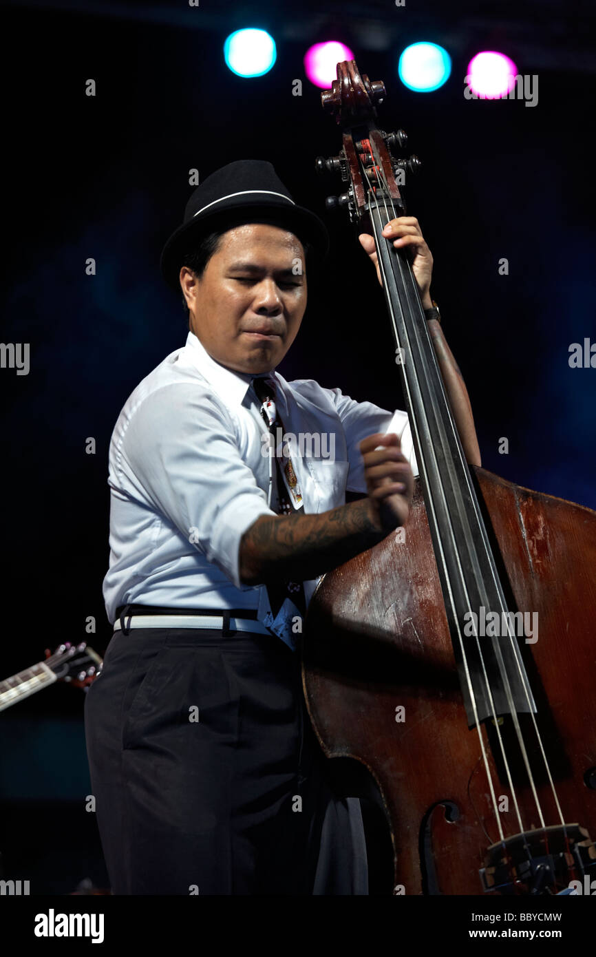 Jazz musician playing. Double bass player of the Brass Munkeys Jazz
