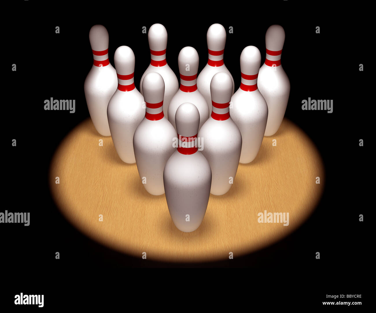 Illustration of ten bowling pins standing to attention in the spotlight ...