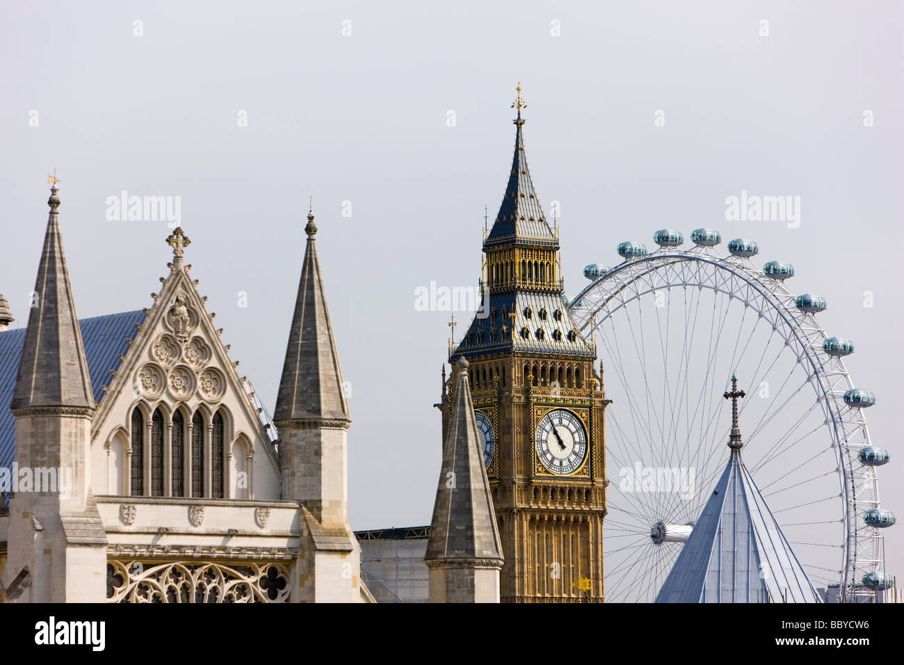 London England UK Big Ben Millennium Wheel ferris  Westminster Abbey roof top Skyline Stock Photo