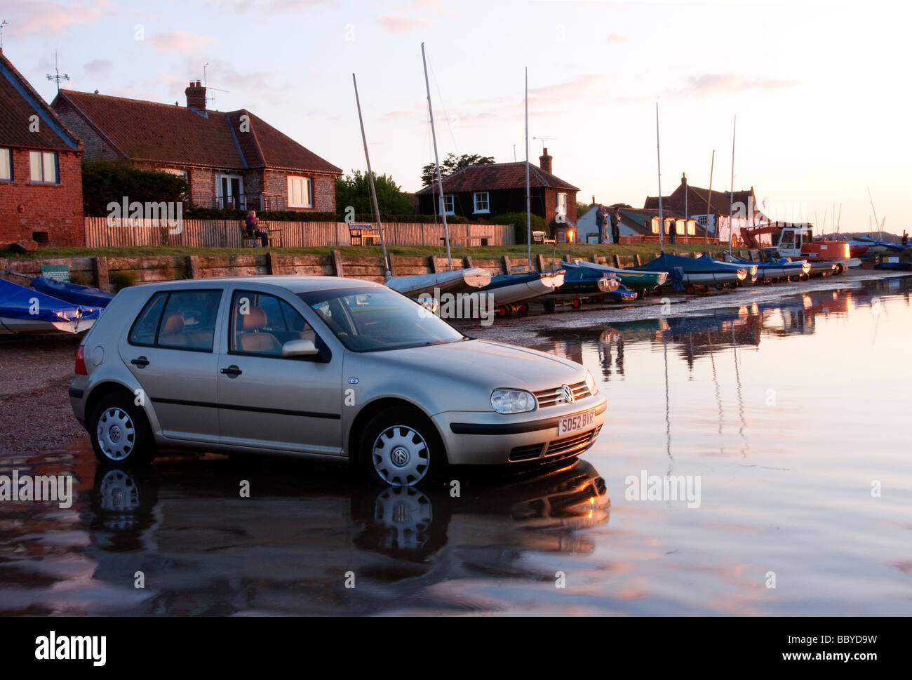 Car parked and left at Burnham Overy Staithe on the Norfolk Coast, the