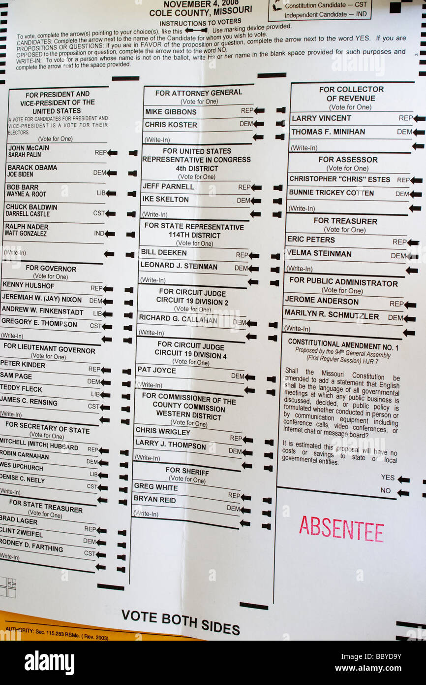 The 2008 US Absentee ballot from Missouri Stock Photo Alamy
