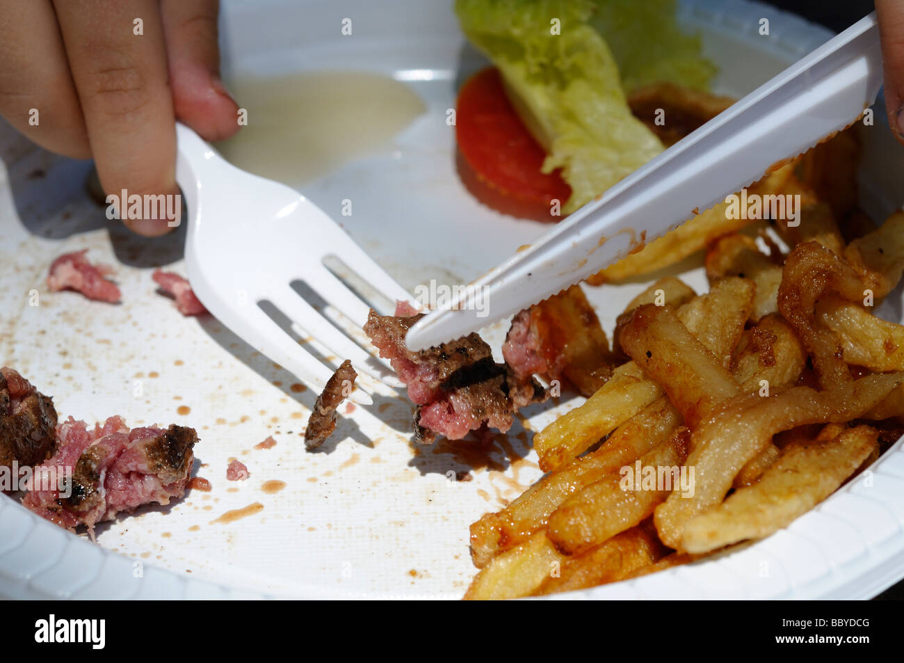 Stock photo of a plate of burger and chips The burger is cooked with the meat red in the middle as is normal in France Stock Photo