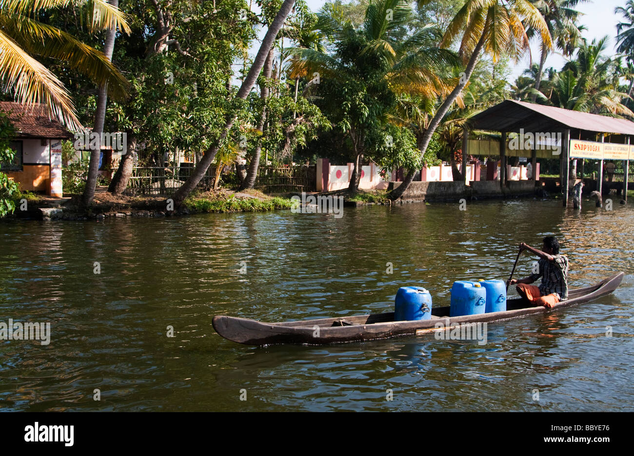 India Kerala Cochin Kochi Backwaters boat and palm trees mood
