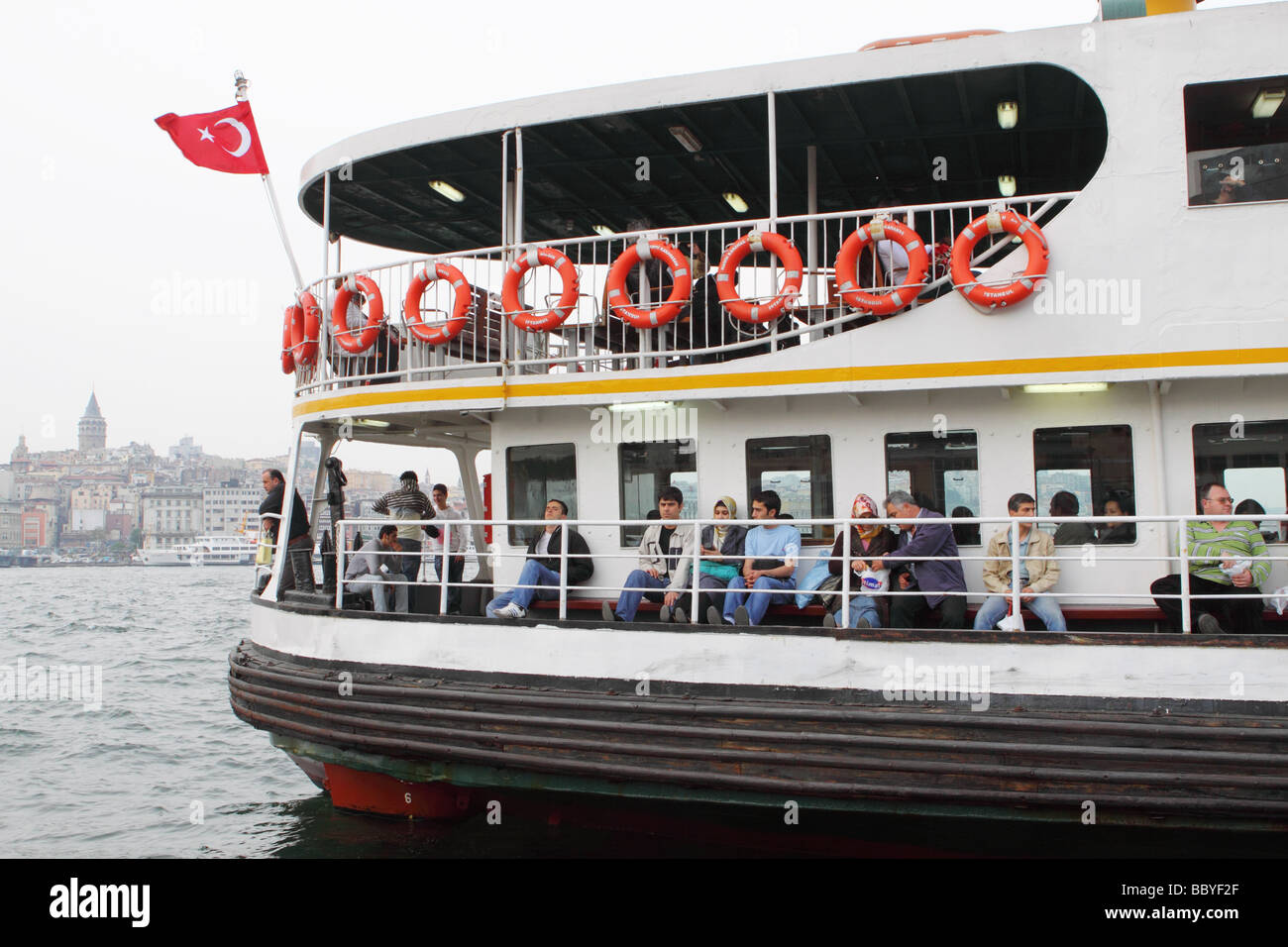 Istanbul Turkey passengers on a ferry boat at Eminonu Stock Photo
