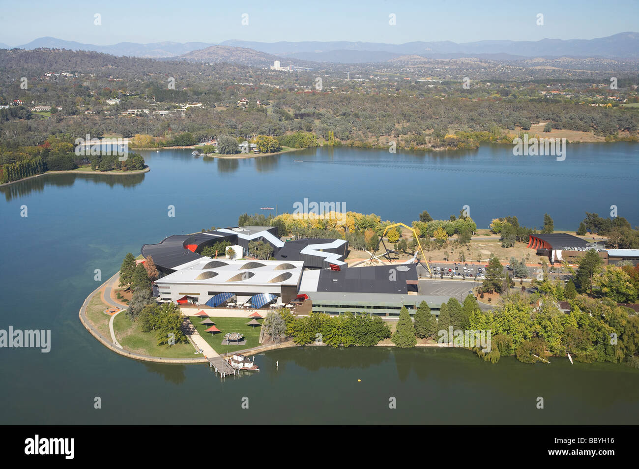 National Museum of Australia Acton Peninsula Lake Burley Griffin Canberra ACT Australia aerial Stock Photo