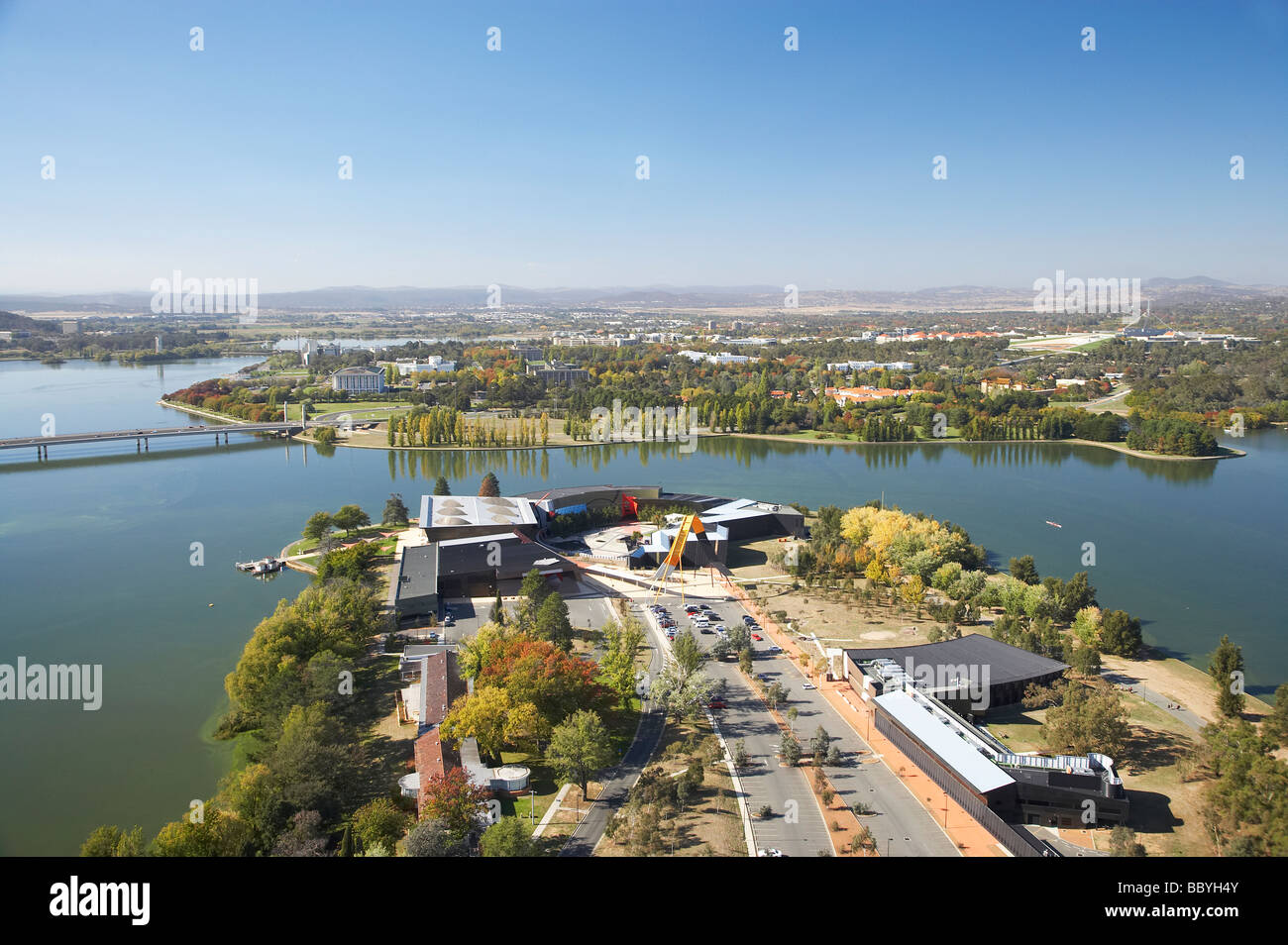 National Museum of Australia Acton Peninsula Lake Burley Griffin Canberra ACT Australia aerial Stock Photo