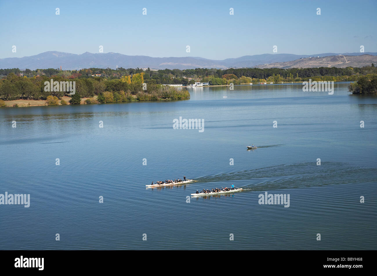 Dragon Boats Lake Burley Griffin Canberra ACT Australia aerial Stock