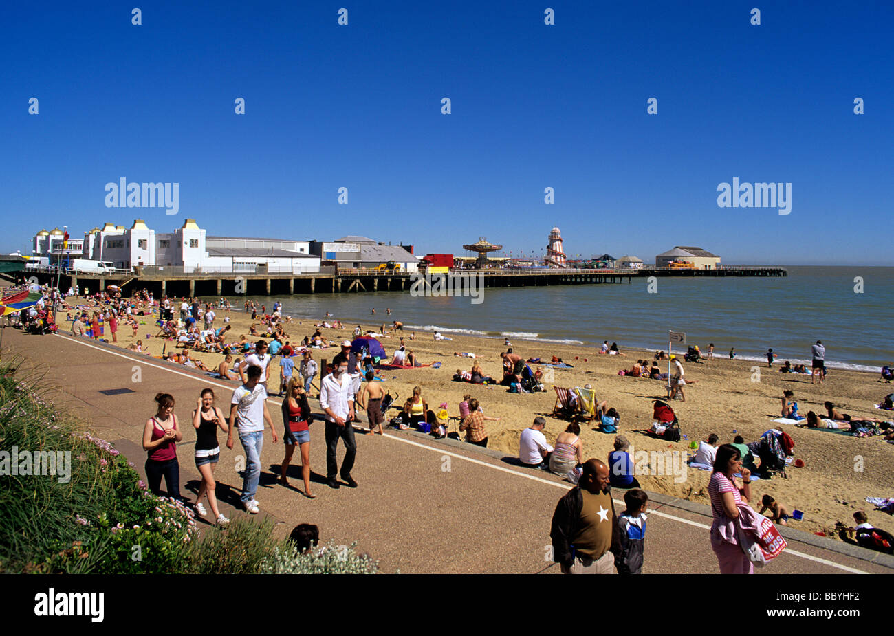 Beach promenade and amusement Pier at Clacton on Sea on the Essex coast